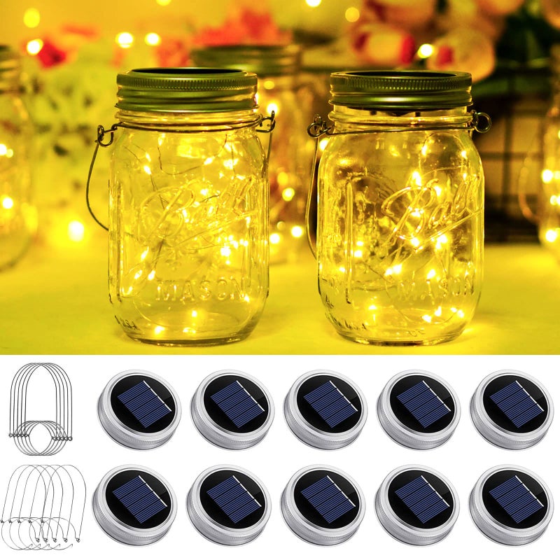 SmilingTown Solar Mason Jar Lights 10 Pack 20 LED Waterproof Outdoor Fairy Firefly String Light Lids with 10 Hangers Rust Resist for Patio Lawn Garden Wedding Lantern Decor No Jars (Warm White) - Image 1